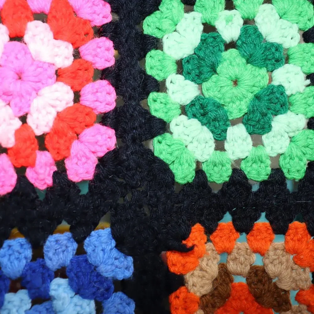 Vintage Granny Square‎ Crochet Blanket 60x54 Black Multicolor Throw